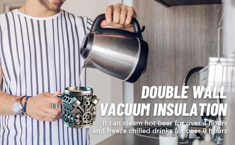 Stainless Steel Cup V8 & V6, V6 V8 Engines Design Mug, Durable & Stylish Rust-Proof 15oz Coffee Mug Perfect for Car Enthusiasts