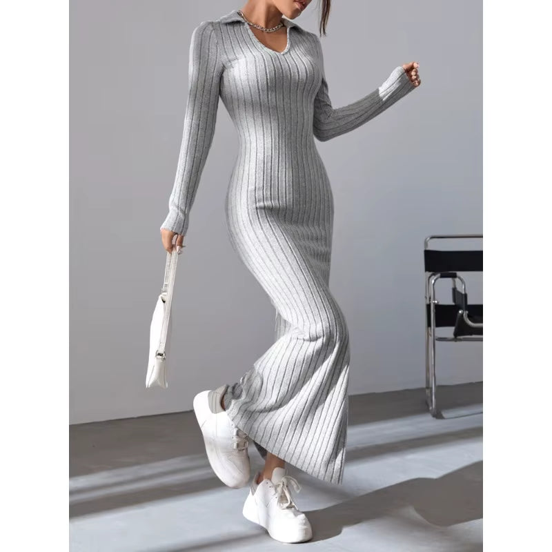 2024 Women's Elegant Knitted V-Neck Dress with Reverse Collar and Side Split - Perfect for Autumn/Winter Office Wear