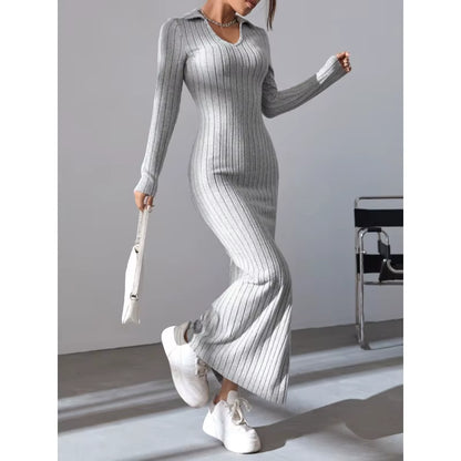 2024 Women's Elegant Knitted V-Neck Dress with Reverse Collar and Side Split - Perfect for Autumn/Winter Office Wear