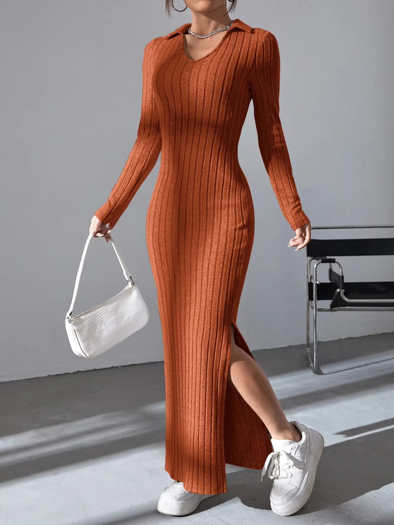 2024 Women's Elegant Knitted V-Neck Dress with Reverse Collar and Side Split - Perfect for Autumn/Winter Office Wear