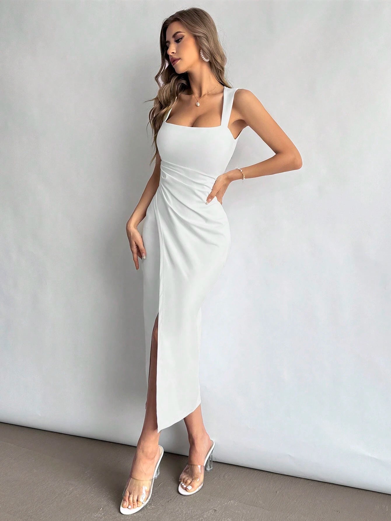 Firerie Women's Elegant Square Neck Ruched Waist Slit Dress - Perfect for Weddings, Vacations, and Summer Events