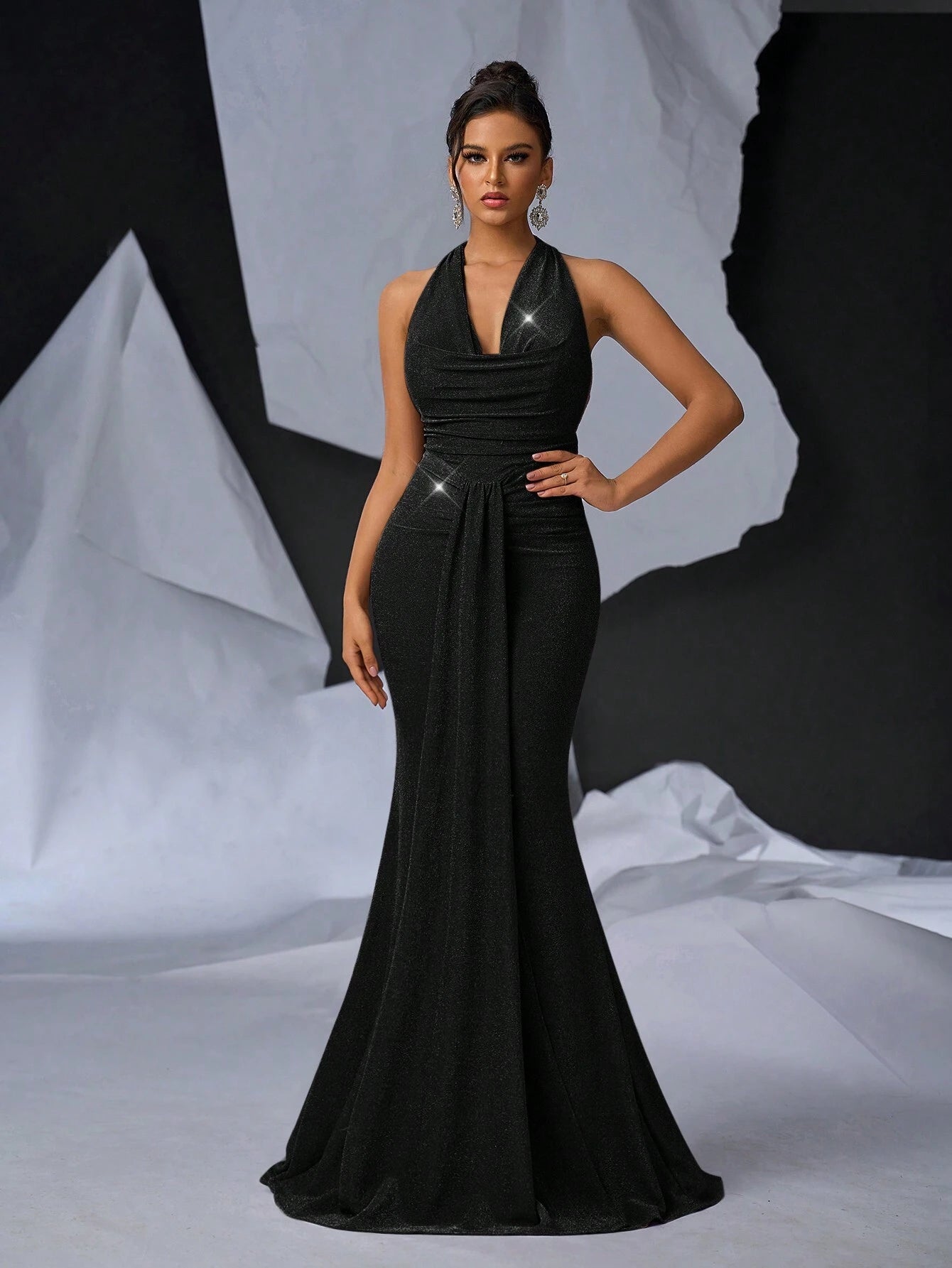 Glamrae Elegant Black Mermaid Maxi Dress with Glittery Knitted Draped Neck and Pleated Front for Formal Events, Cocktail Parties, and Special Occasions