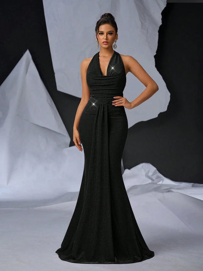 Glamrae Elegant Black Mermaid Maxi Dress with Glittery Knitted Draped Neck and Pleated Front for Formal Events, Cocktail Parties, and Special Occasions