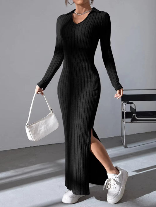 2024 Women's Elegant Knitted V-Neck Dress with Reverse Collar and Side Split - Perfect for Autumn/Winter Office Wear