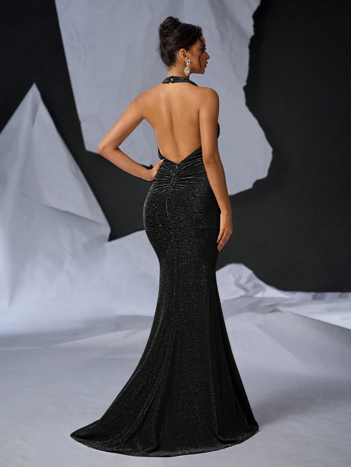 Glamrae Elegant Black Mermaid Maxi Dress with Glittery Knitted Draped Neck and Pleated Front for Formal Events, Cocktail Parties, and Special Occasions
