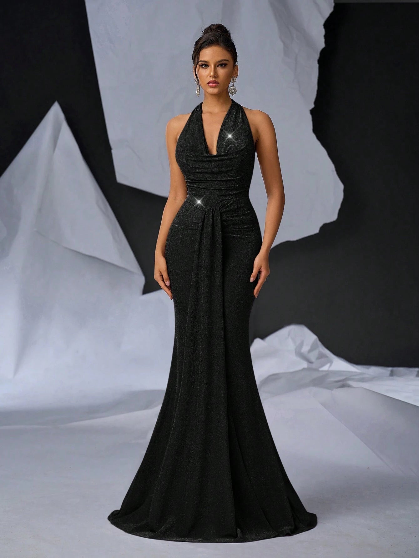 Glamrae Elegant Black Mermaid Maxi Dress with Glittery Knitted Draped Neck and Pleated Front for Formal Events, Cocktail Parties, and Special Occasions