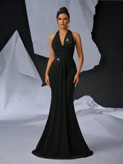Glamrae Elegant Black Mermaid Maxi Dress with Glittery Knitted Draped Neck and Pleated Front for Formal Events, Cocktail Parties, and Special Occasions