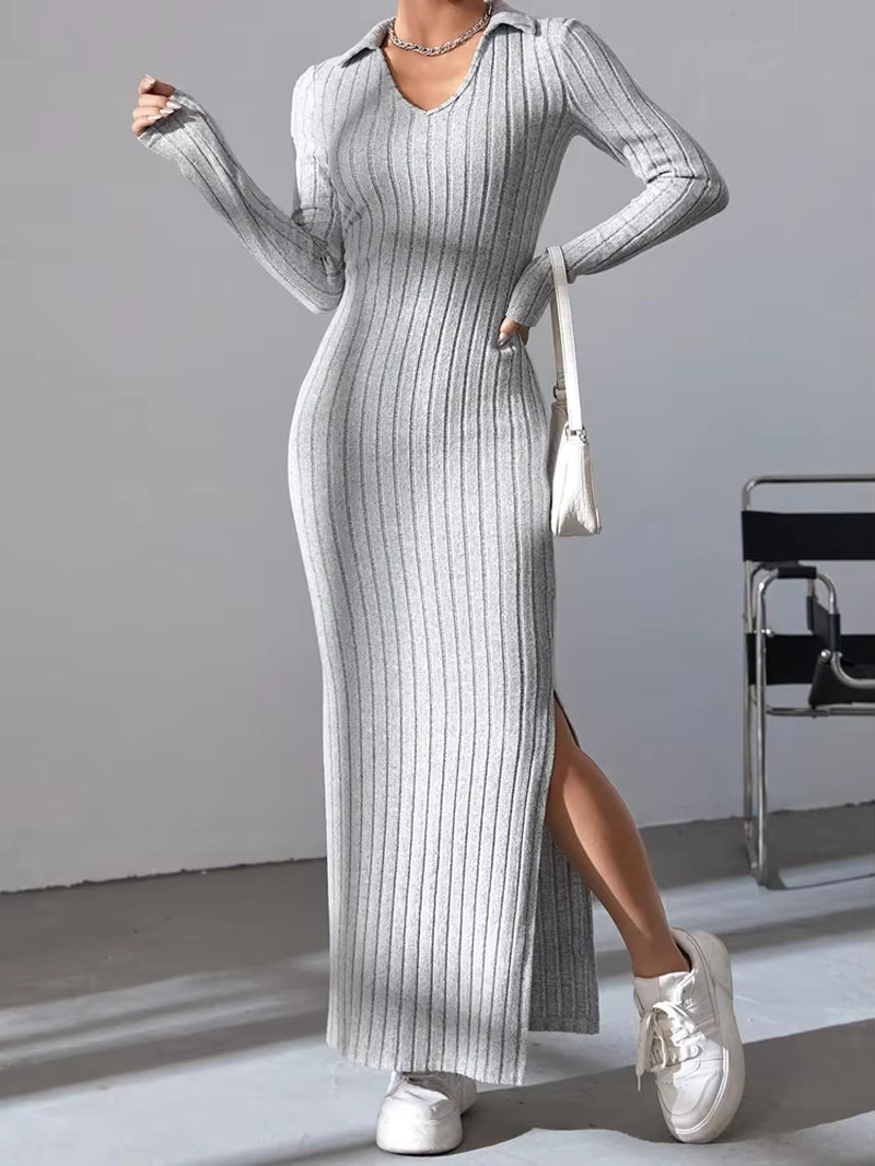 2024 Women's Elegant Knitted V-Neck Dress with Reverse Collar and Side Split - Perfect for Autumn/Winter Office Wear