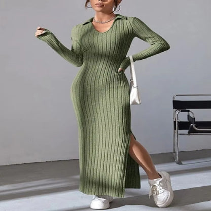 2024 Women's Elegant Knitted V-Neck Dress with Reverse Collar and Side Split - Perfect for Autumn/Winter Office Wear