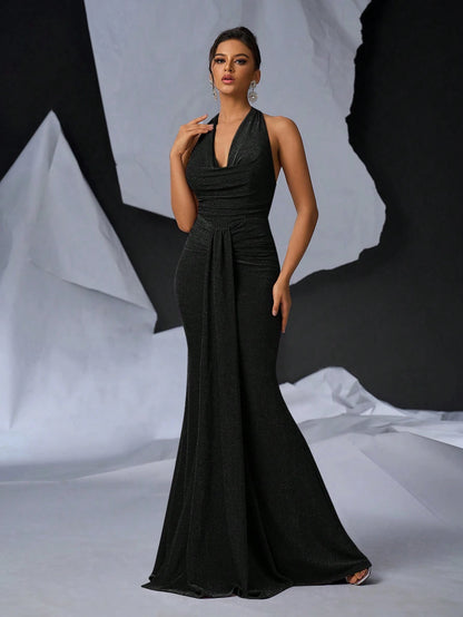 Glamrae Elegant Black Mermaid Maxi Dress with Glittery Knitted Draped Neck and Pleated Front for Formal Events, Cocktail Parties, and Special Occasions