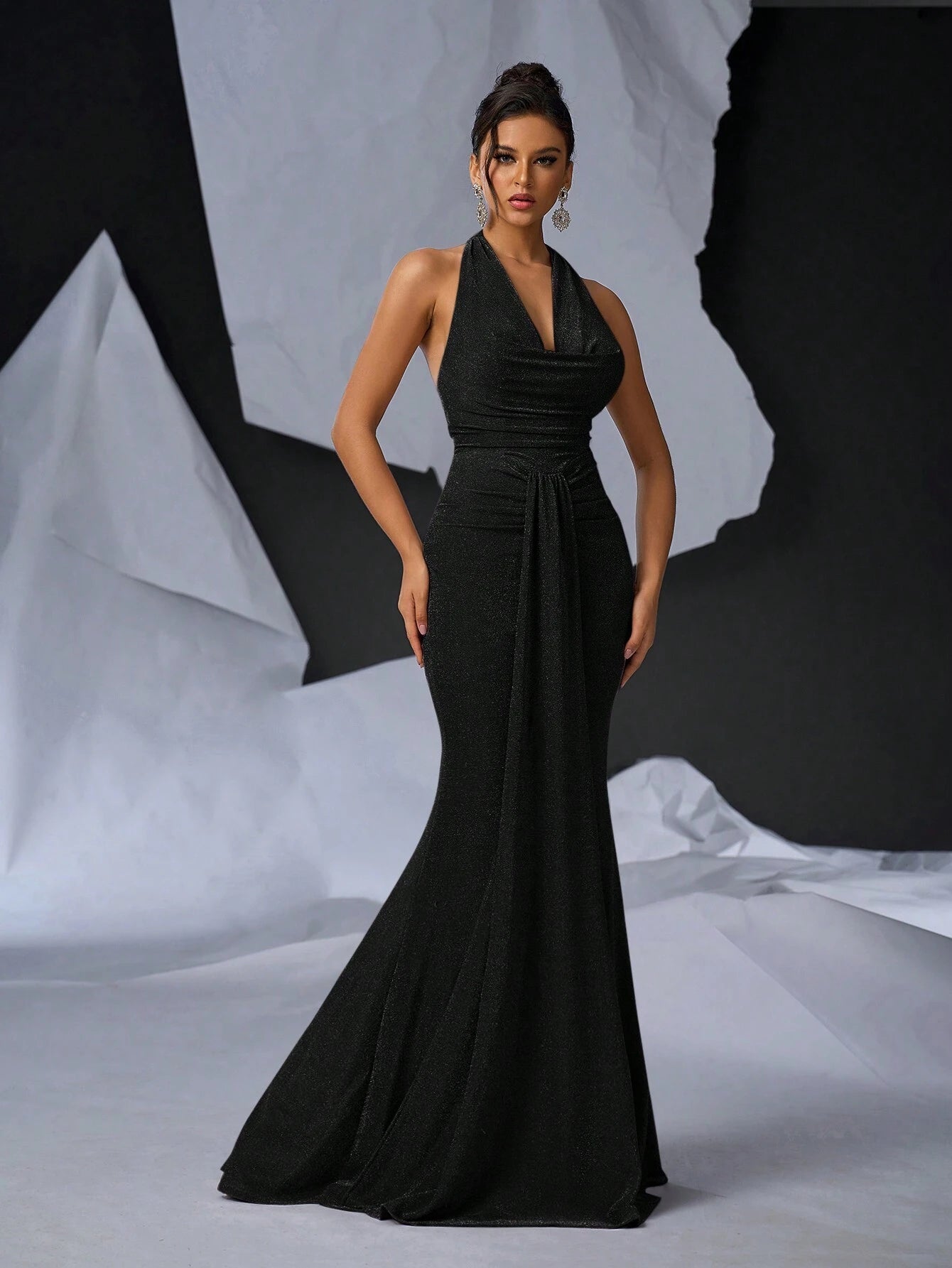Glamrae Elegant Black Mermaid Maxi Dress with Glittery Knitted Draped Neck and Pleated Front for Formal Events, Cocktail Parties, and Special Occasions