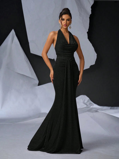 Glamrae Elegant Black Mermaid Maxi Dress with Glittery Knitted Draped Neck and Pleated Front for Formal Events, Cocktail Parties, and Special Occasions