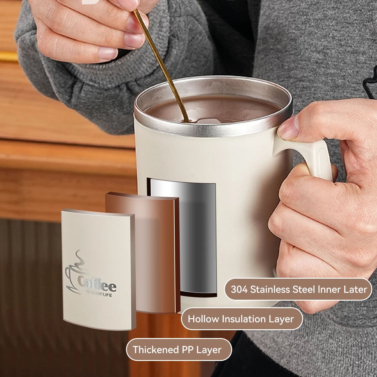 WORTHBUY 450Ml Milk Coffee Mug 304 Stainless Steel Double Wall Thermal Water Cup Sealed  Anti Scalding Drinking Cup For Student