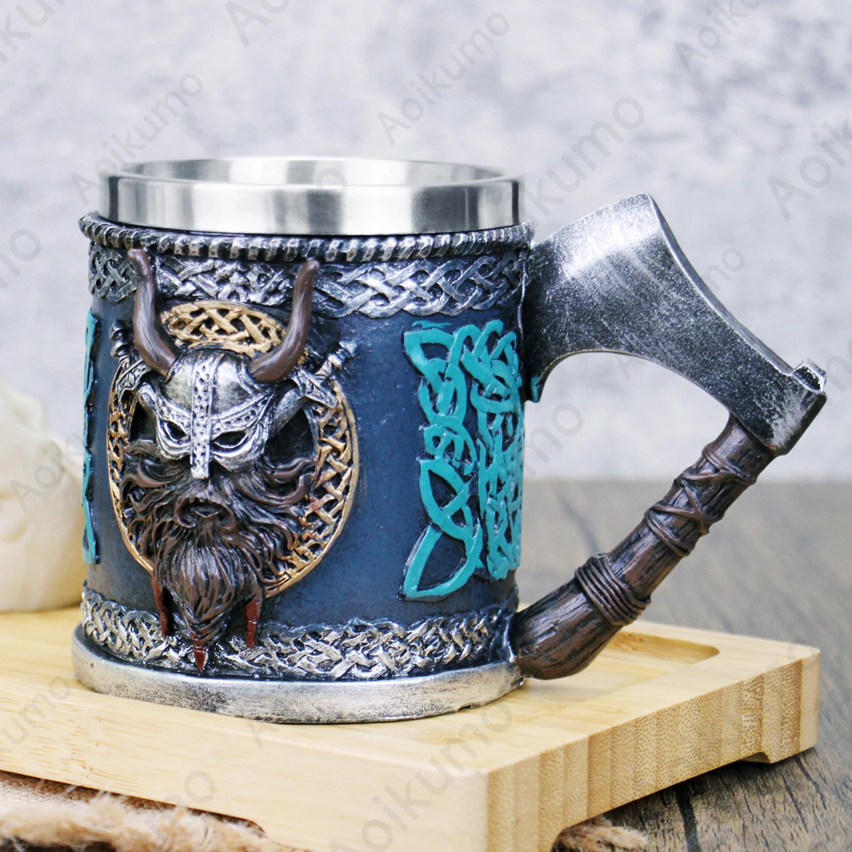 Valhalla Viking Stainless Steel Single Handle Horn Skull Beer Stein Cup Nordic Viking Warrior Skull Mug Tankard 400ml Halloween