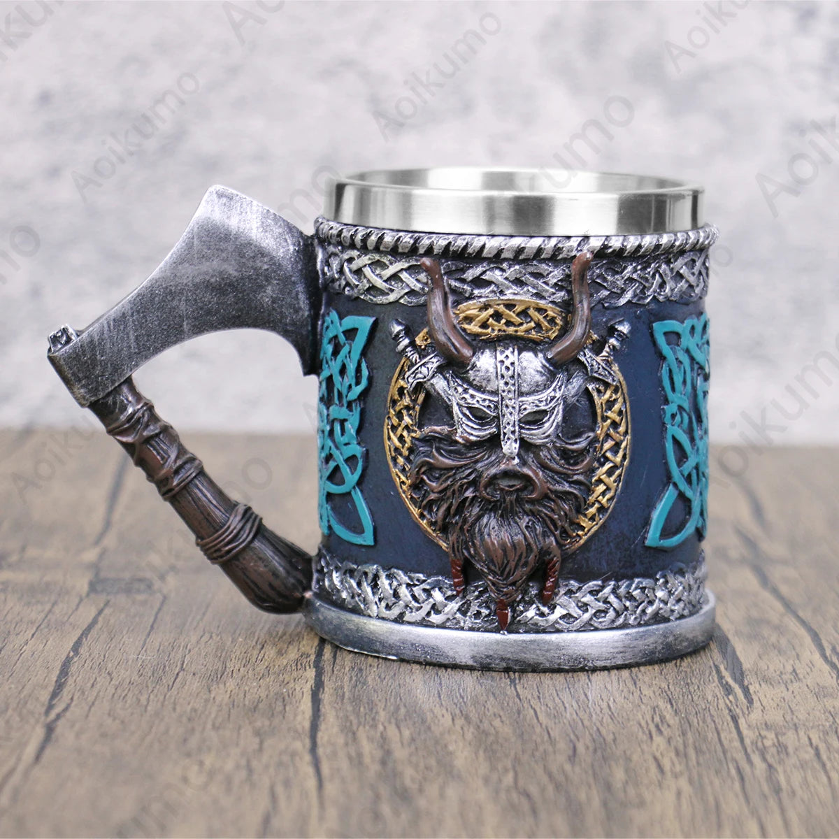 Valhalla Viking Stainless Steel Single Handle Horn Skull Beer Stein Cup Nordic Viking Warrior Skull Mug Tankard 400ml Halloween