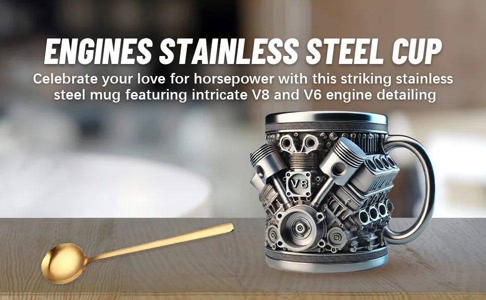 Stainless Steel Cup V8 & V6,  V6 V8 Engines Design Mug, Durable & Stylish Rust-Proof 15oz Coffee Mug Perfect for Car Enthusiasts