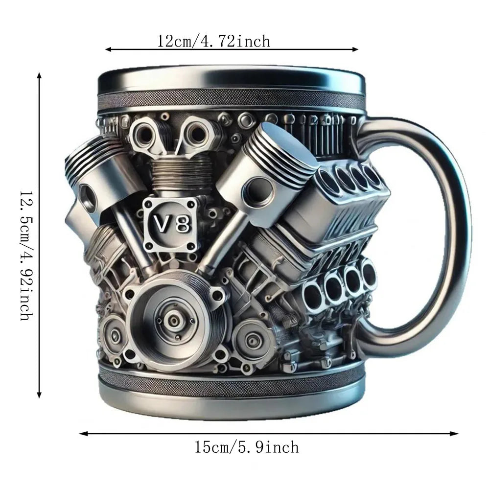 Stainless Steel Cup V8 & V6,  V6 V8 Engines Design Mug, Durable & Stylish Rust-Proof 15oz Coffee Mug Perfect for Car Enthusiasts