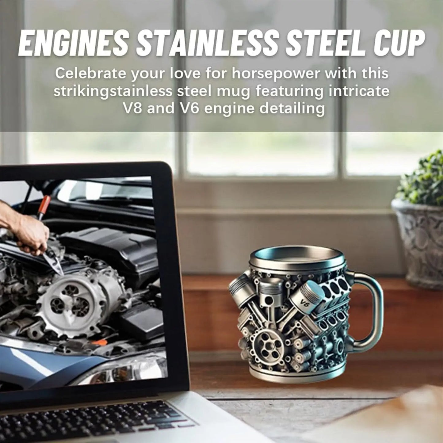 Stainless Steel Cup V8 & V6,  V6 V8 Engines Design Mug, Durable & Stylish Rust-Proof 15oz Coffee Mug Perfect for Car Enthusiasts