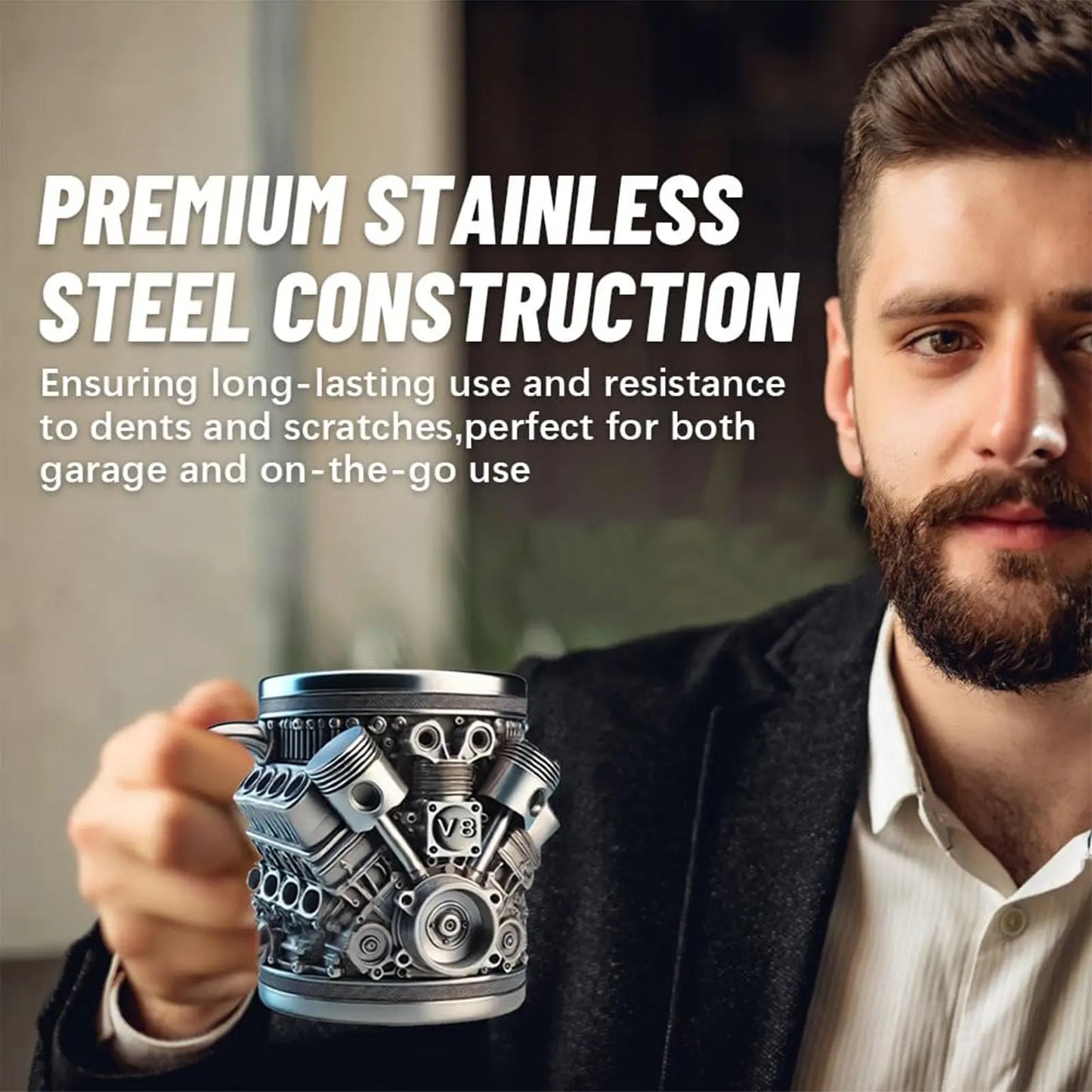 Stainless Steel Cup V8 & V6,  V6 V8 Engines Design Mug, Durable & Stylish Rust-Proof 15oz Coffee Mug Perfect for Car Enthusiasts