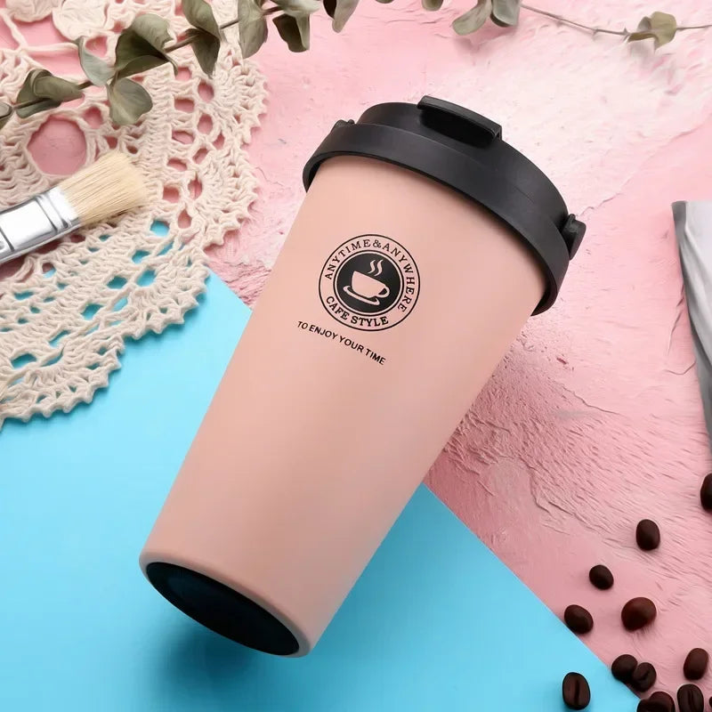 500ml Insulated Travel Coffee Cup Double Wall Leak-Proof Thermos Mug Vacuum Stainless Steel Tea Tumbler with Lid and Handle