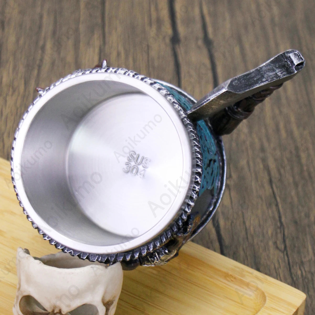 Valhalla Viking Stainless Steel Single Handle Horn Skull Beer Stein Cup Nordic Viking Warrior Skull Mug Tankard 400ml Halloween