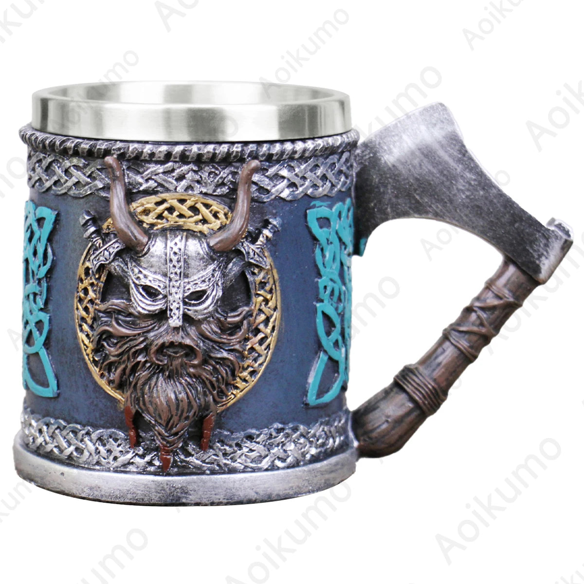 Valhalla Viking Stainless Steel Single Handle Horn Skull Beer Stein Cup Nordic Viking Warrior Skull Mug Tankard 400ml Halloween