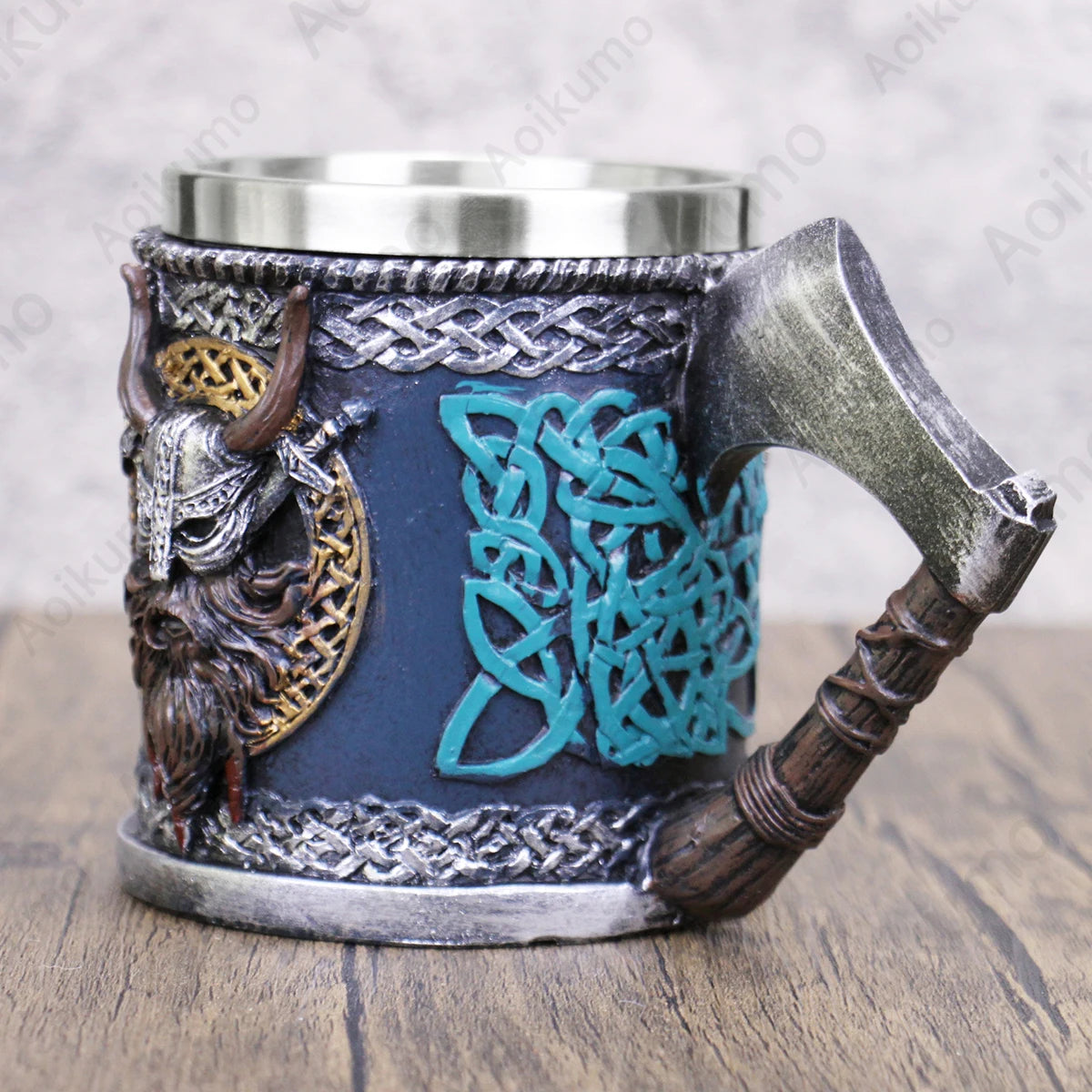 Valhalla Viking Stainless Steel Single Handle Horn Skull Beer Stein Cup Nordic Viking Warrior Skull Mug Tankard 400ml Halloween