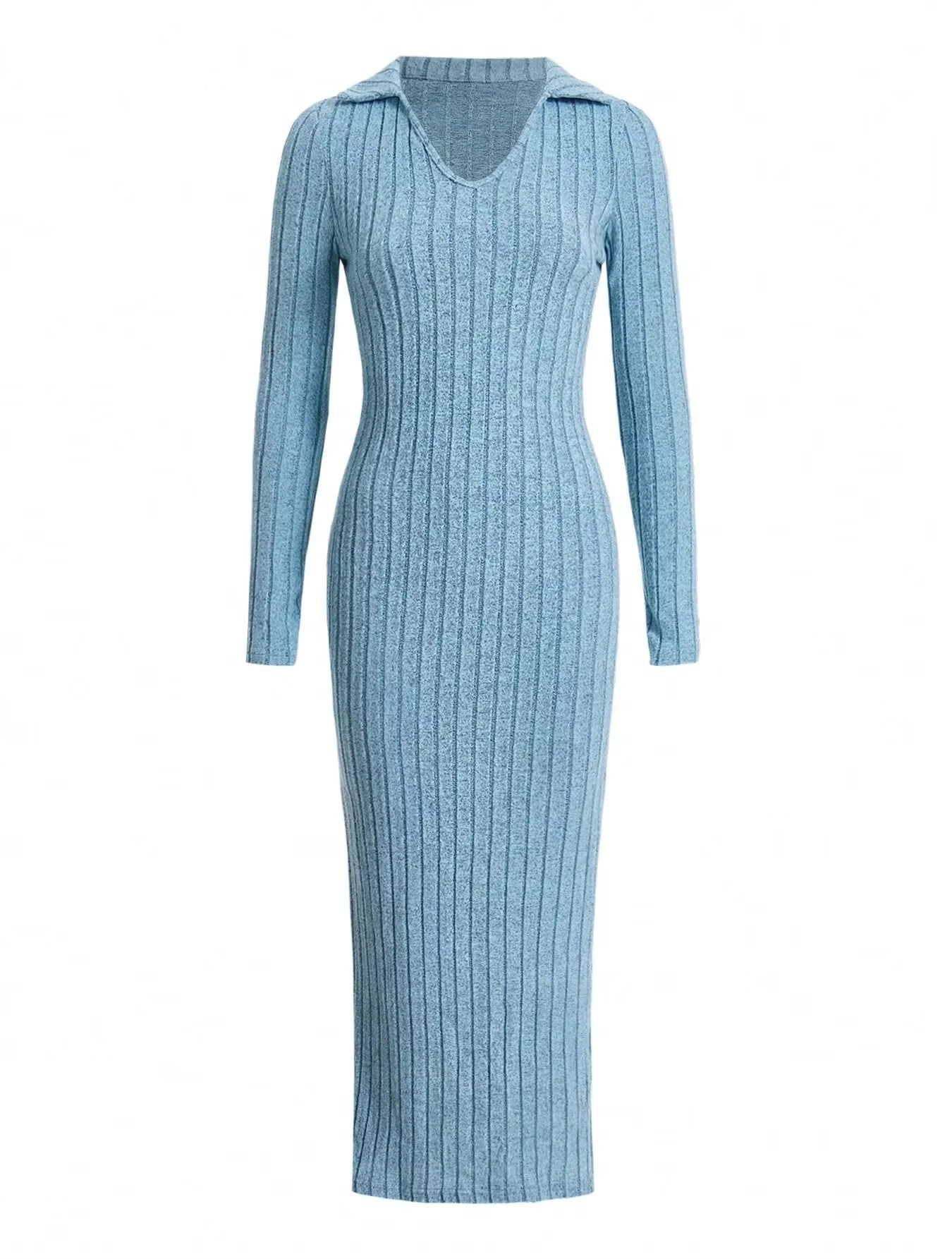 2024 Women's Elegant Knitted V-Neck Dress with Reverse Collar and Side Split - Perfect for Autumn/Winter Office Wear