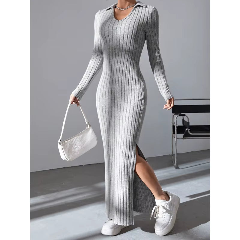 2024 Women's Elegant Knitted V-Neck Dress with Reverse Collar and Side Split - Perfect for Autumn/Winter Office Wear