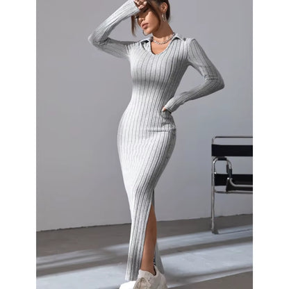 2024 Women's Elegant Knitted V-Neck Dress with Reverse Collar and Side Split - Perfect for Autumn/Winter Office Wear