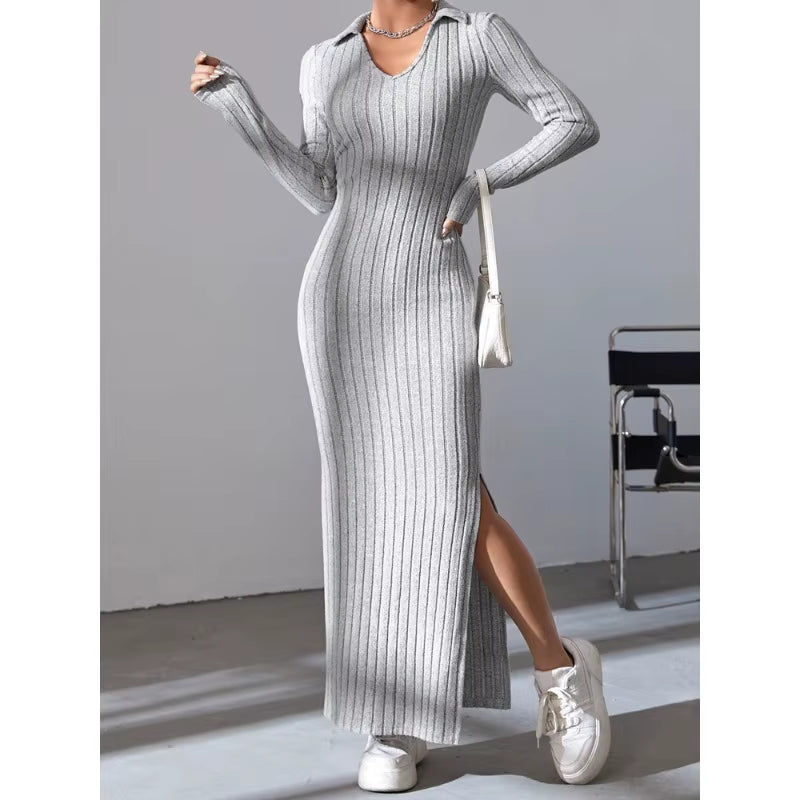 2024 Women's Elegant Knitted V-Neck Dress with Reverse Collar and Side Split - Perfect for Autumn/Winter Office Wear