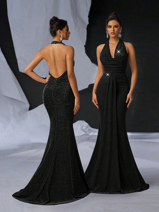 Glamrae Elegant Black Mermaid Maxi Dress with Glittery Knitted Draped Neck and Pleated Front for Formal Events, Cocktail Parties, and Special Occasions