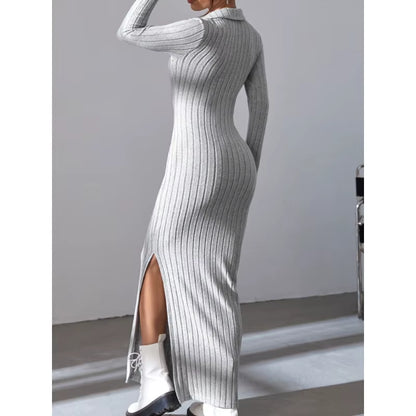 2024 Women's Elegant Knitted V-Neck Dress with Reverse Collar and Side Split - Perfect for Autumn/Winter Office Wear
